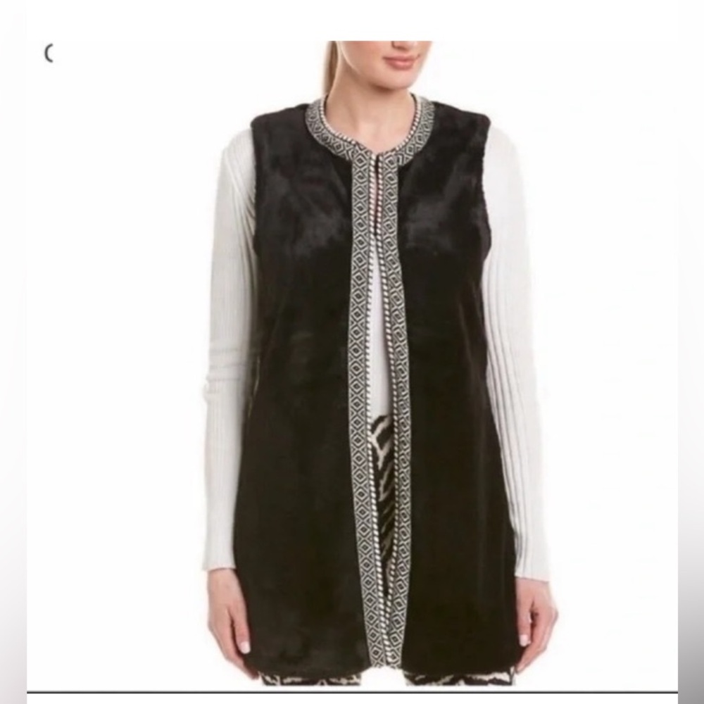 J. McLaughlin Boho Black/ White Faux Fur Long Vest Size Small